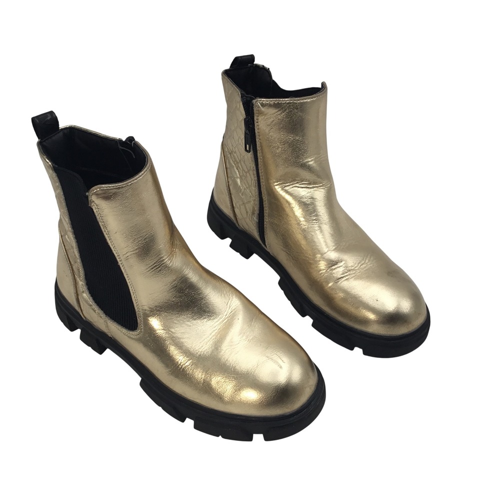 River Island Kids Metallic Gold Chelsea Boots‎ Chunky Lug Sole Size 3/35.5